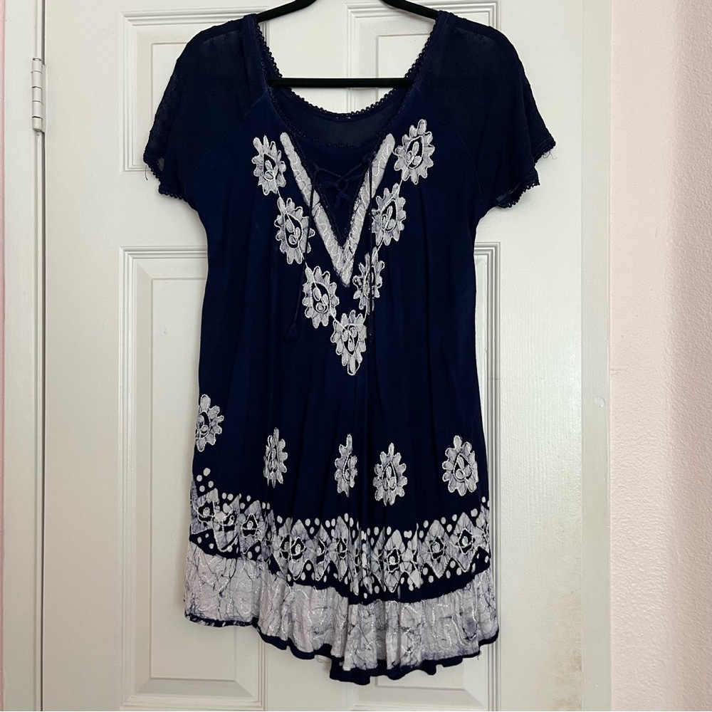 Embroidered Dress with Lace Flutter Sleeves